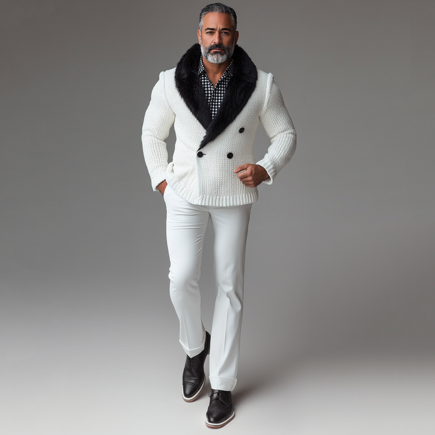 Men's Knit Plush Shawl Lapel Double Breasted Long Sleeve Jacket