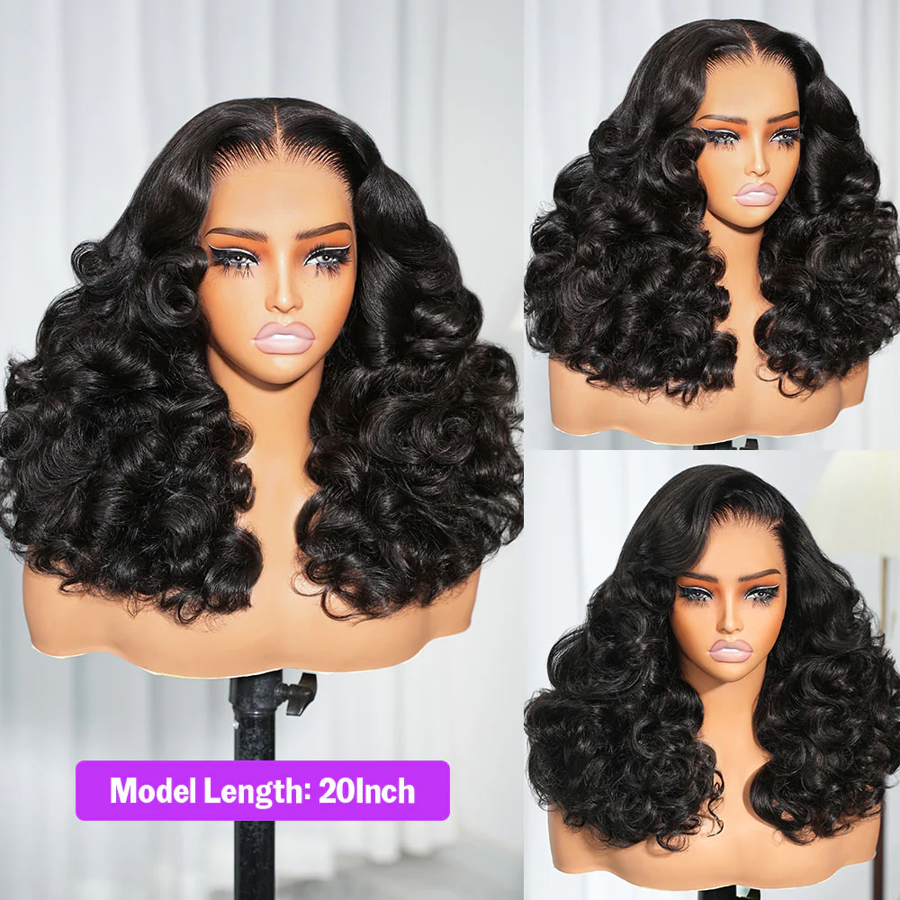 Megalook 13x6 Three-Go™ Glueless Bouncy Curl Wig With Drawstring Natural Black 100% Human Hair Wig