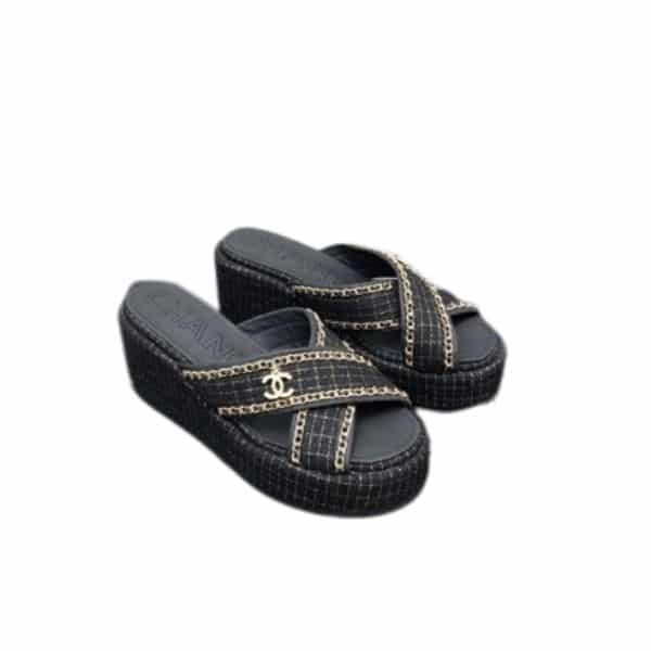 Chanel Tweed Cc Sandal Black