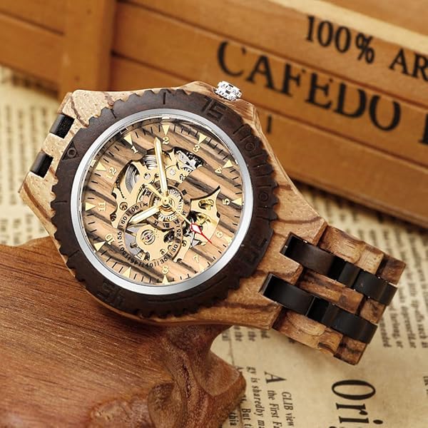 Men's Wooden Watch Triangle Skeleton Automatic Watch Mechanical Wood Watches for Men Tan&black