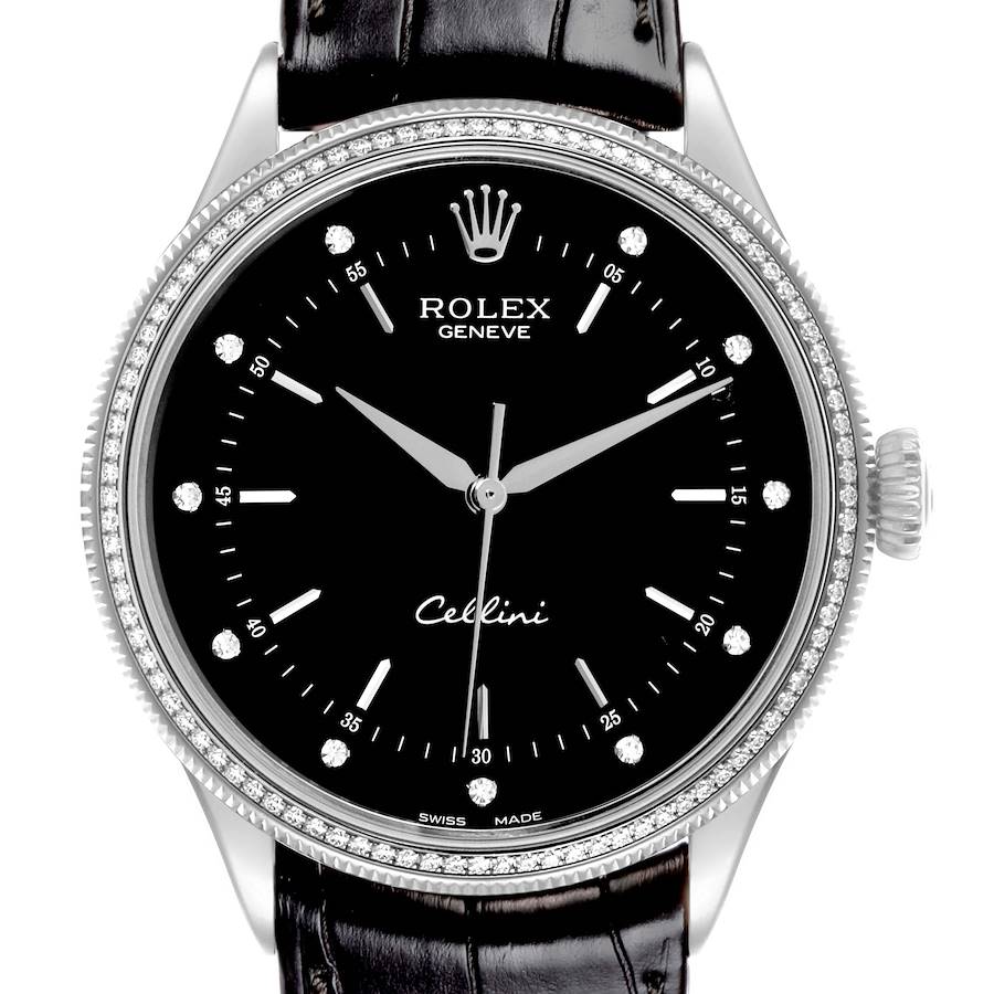 Rolex Cellini Time 39mm White Gold Black Dial Diamond Mens Watch 50609