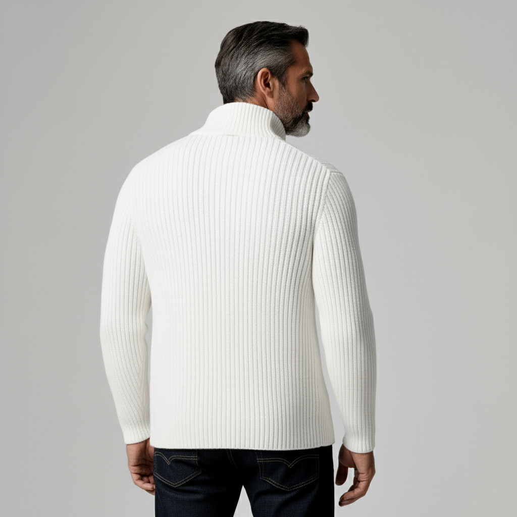 Men's White Stand Collar Long Sleeve Button Ribbed Knit Sweater Jacket
