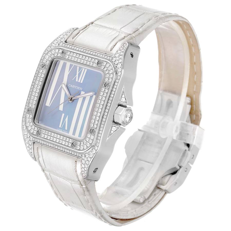 Cartier Santos 100 White Gold Blue Mother of Pearl Diamond Midsize Watch WM503251