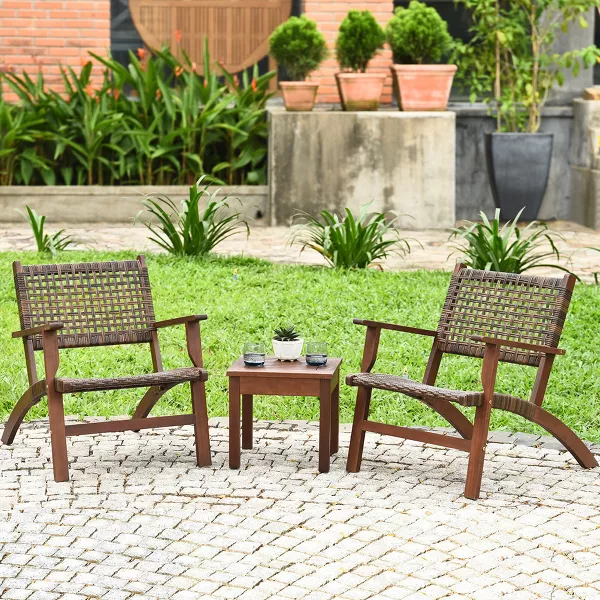 3-Piece Outdoor Rattan Bistro Set – Eucalyptus Wood Patio Furniture