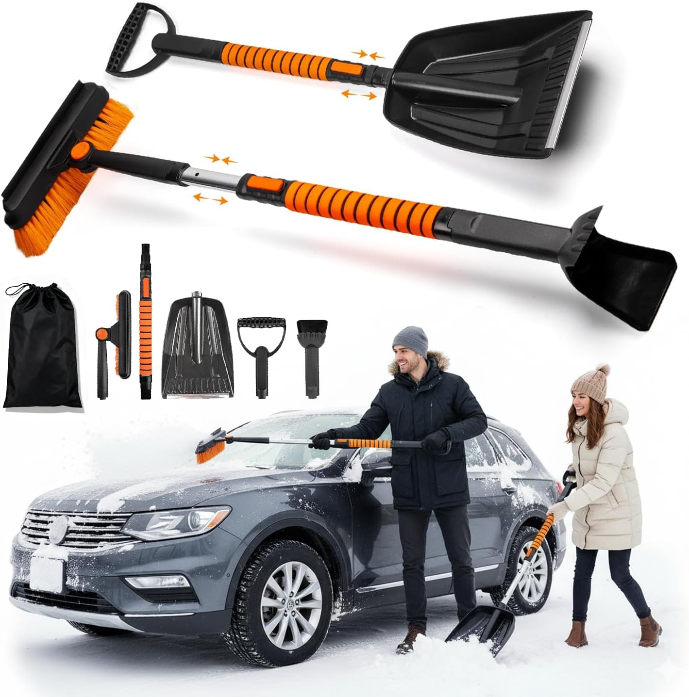 5-in-1 Snow Brush, Ice Scraper and Snow Shovel for Car, with 270?? Rotating Snow Broom and Extendable Rod – A Winter Kit for SUV Truck Windshield Patios Driveways Sidewalks Snow Removal – Orange