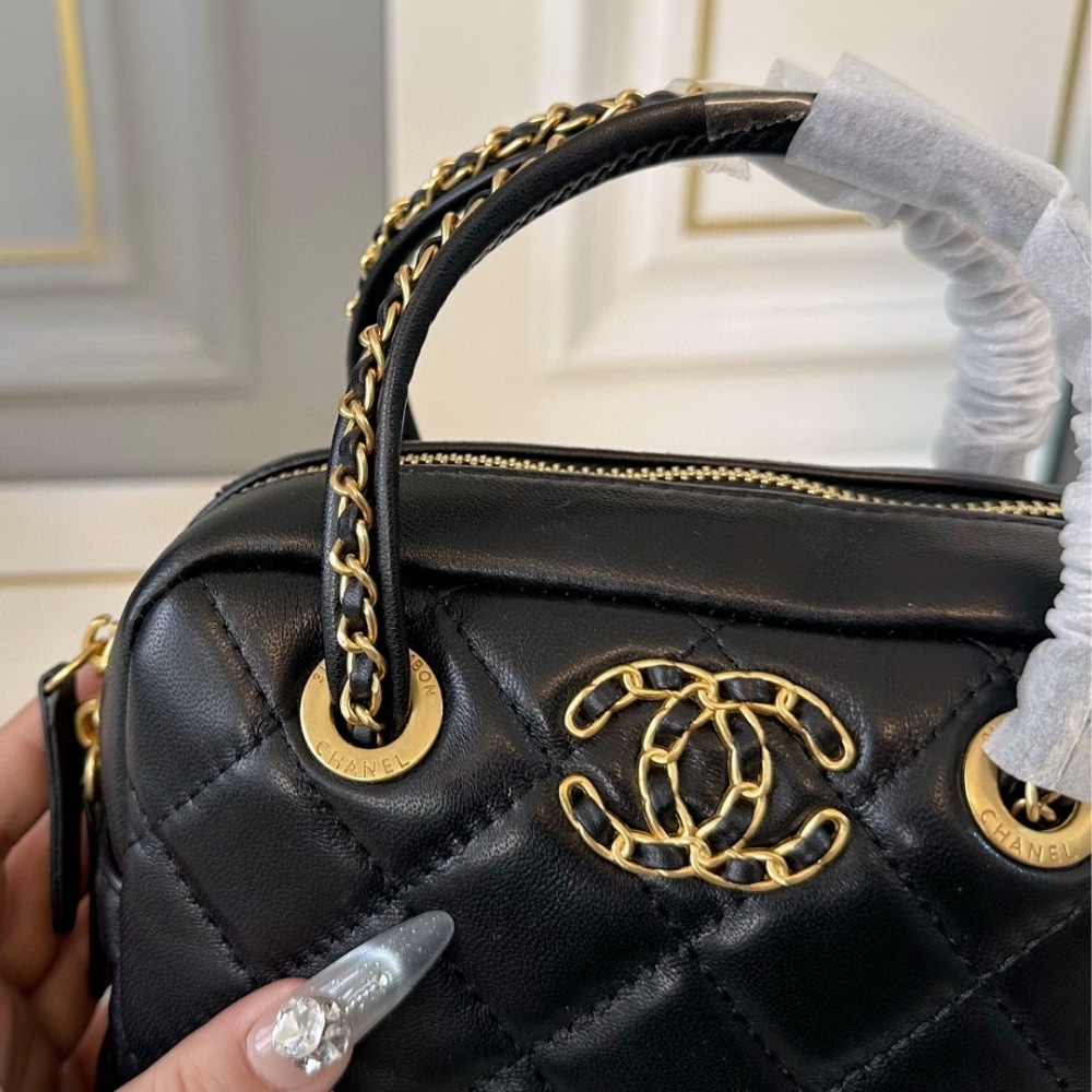 Chanel 25c Chain Handle Bowling Bag Black 18cm
