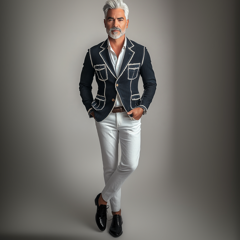 Men's Business Notched Lapel Two Button Contrast Binding Denim Jacket