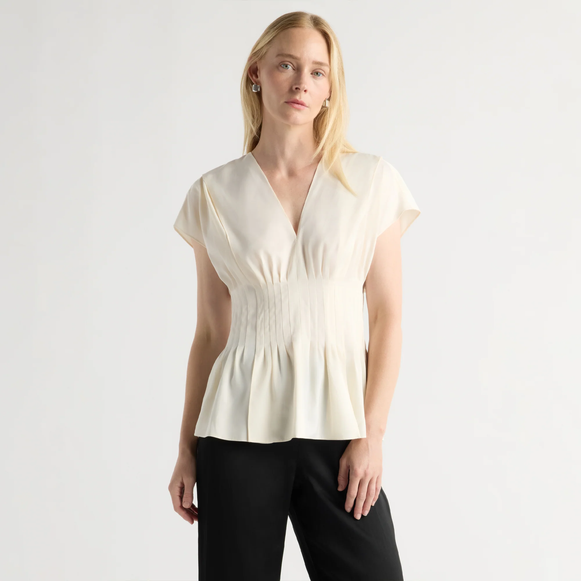Sora Pleated Satin V-Neck Blouse