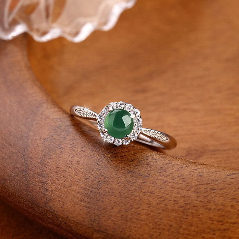 GemVibra Blue Water Jadeite Open Ring, S925 Silver with Rhinestone Halo