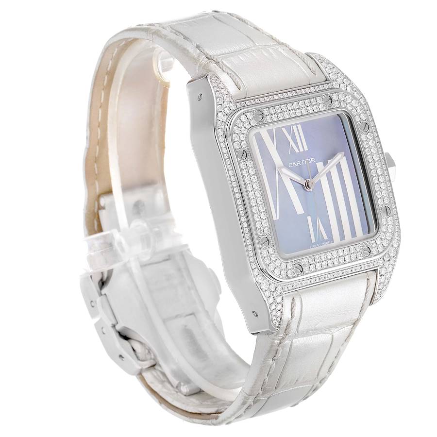 Cartier Santos 100 White Gold Blue Mother of Pearl Diamond Midsize Watch WM503251