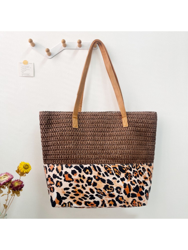 Bohemian Leopard Straw Patchwork Zipper Tote Bag