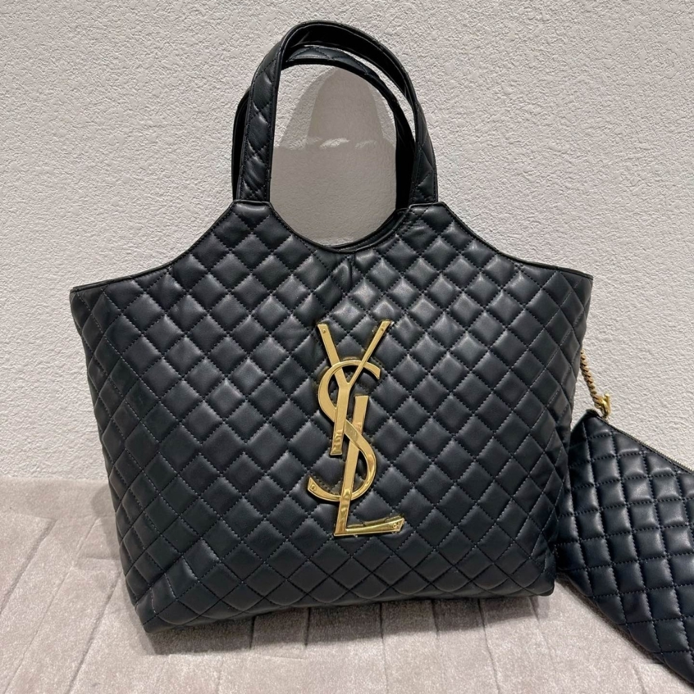 Saint Laurent Icare Shopping Bag In Quilted Gold Hardware Black 40Cm