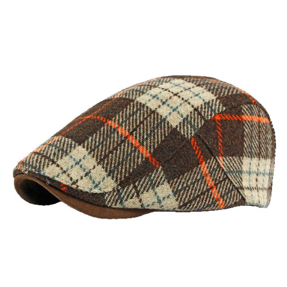 Men's Retro Black Adjustable Wool Blend Plaid Flat Cap
