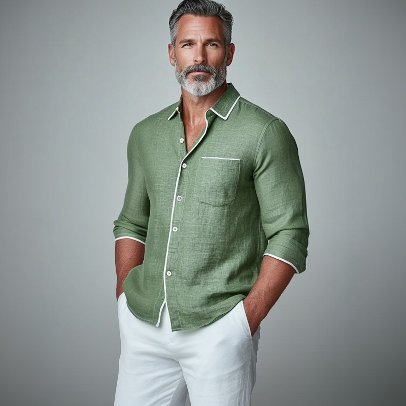 Men's Turndown Collar Button Chest Pocket Contrast Binding Long Sleeve Shirt