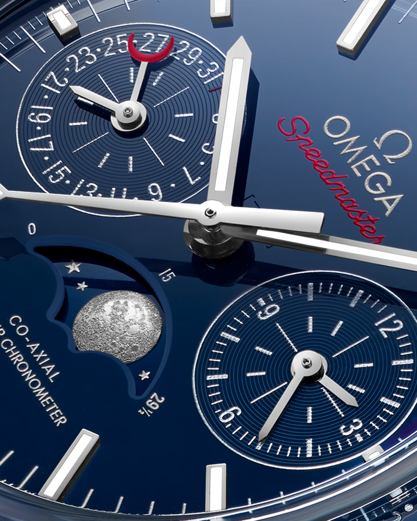 Speedmaster Moonphase 44.25 mm, blue ceramic on leather strap 30493445203001