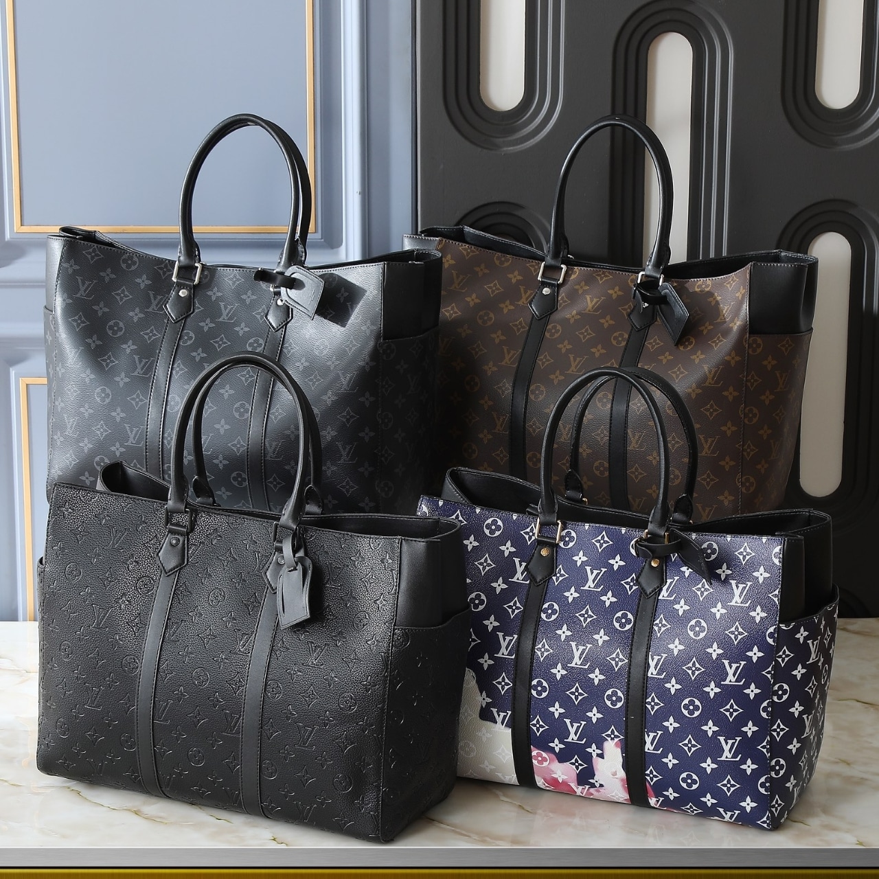 Louis Vuitton Monogram Tote Sac Flat Dark Blue 44cm