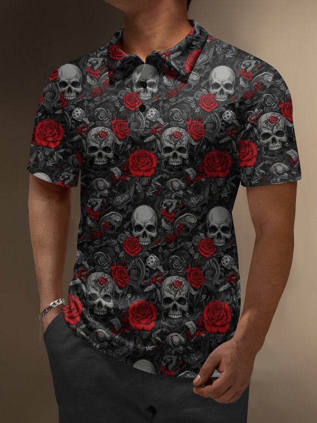 Moisture Wicking Rock Music Skull Rose Short Sleeve Golf Polo