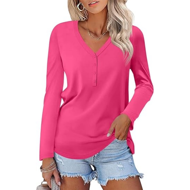 Women's Long Sleeve V‑Neck Henley Tops