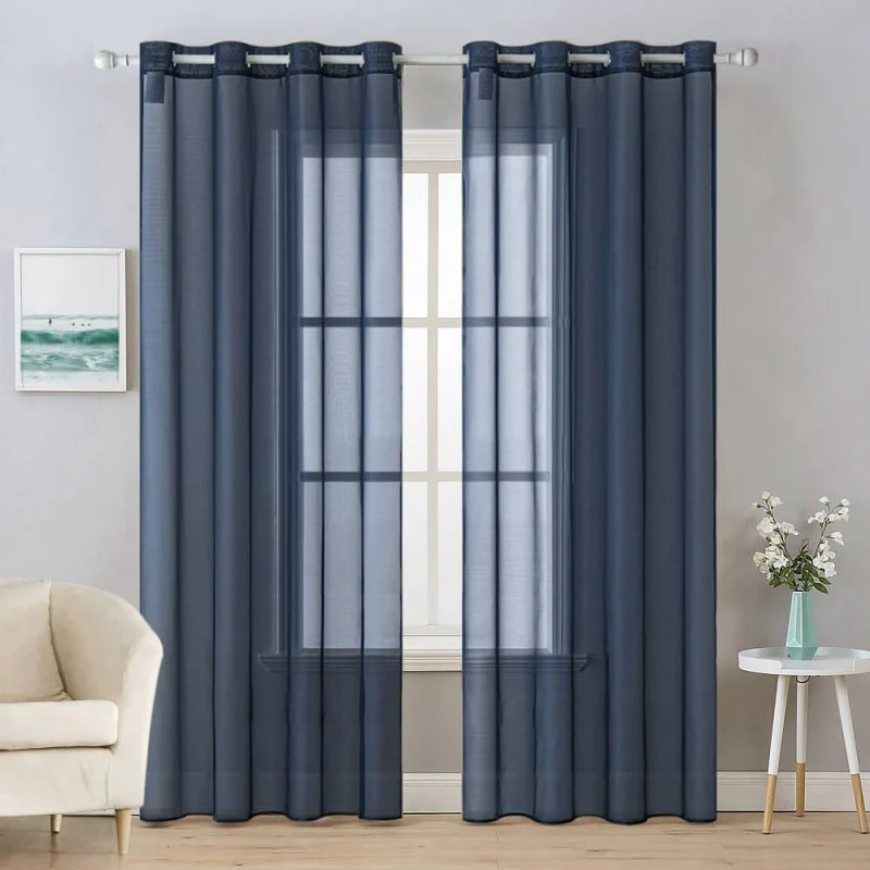 Solid Color Sheer Curtains 45 Inches Long 2 Panels Set - Elegant Lightweight Grommet Light Filtering Window Voile Panels/Drapes/Treatment for Bedroom Living Room W54 x L45 Inch, Navy Blue