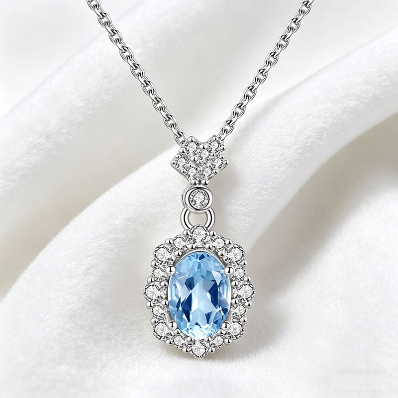 GemVibra Aquamarine Halo Pendant Necklace, S925 Silver with Rhinestone Accents
