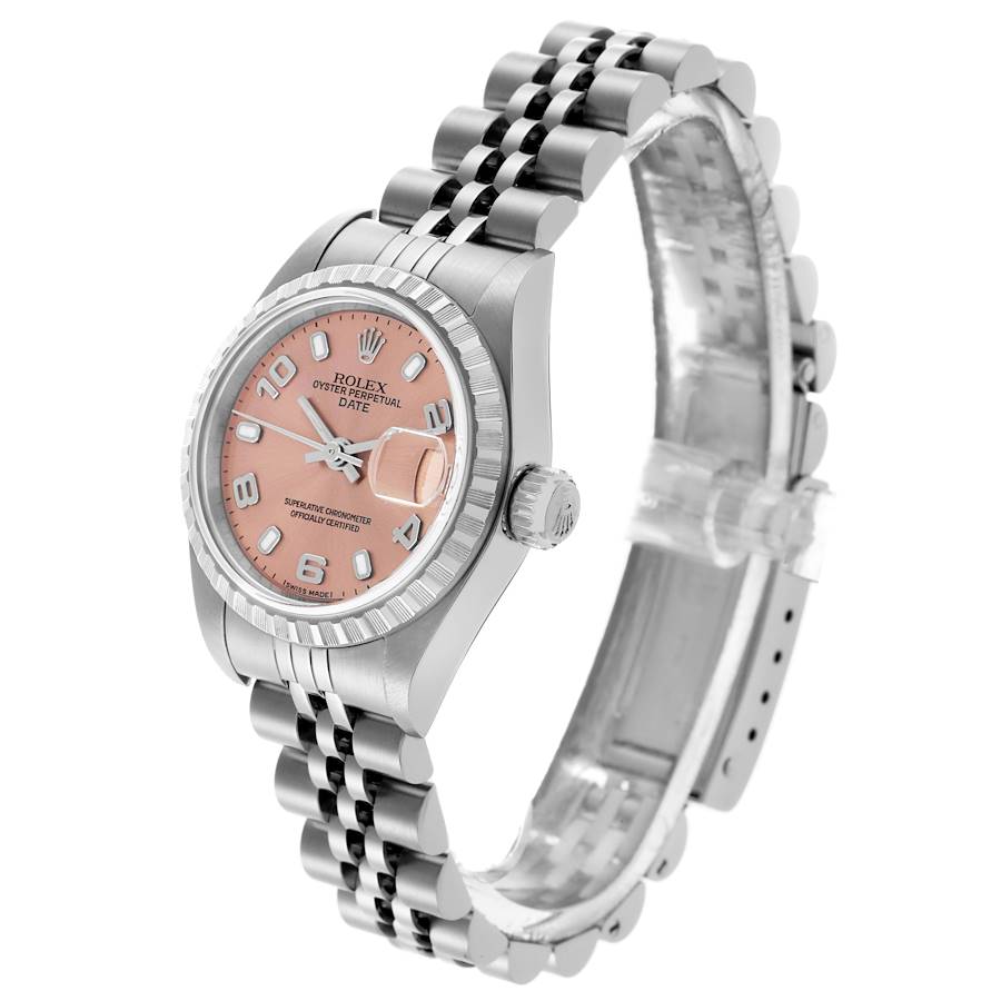 Rolex Date Salmon Dial Engine Turned Bezel Steel Ladies Watch 79240