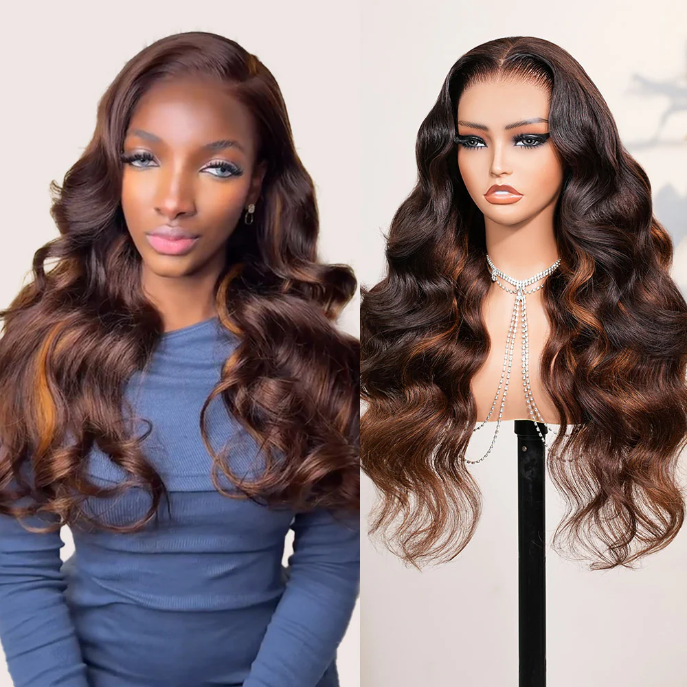 Megalook 13x6 Three-Go™ Glueless Wig Chestnut Brown Ombre Body Wave With Drawstring 100% Human Hair Wig