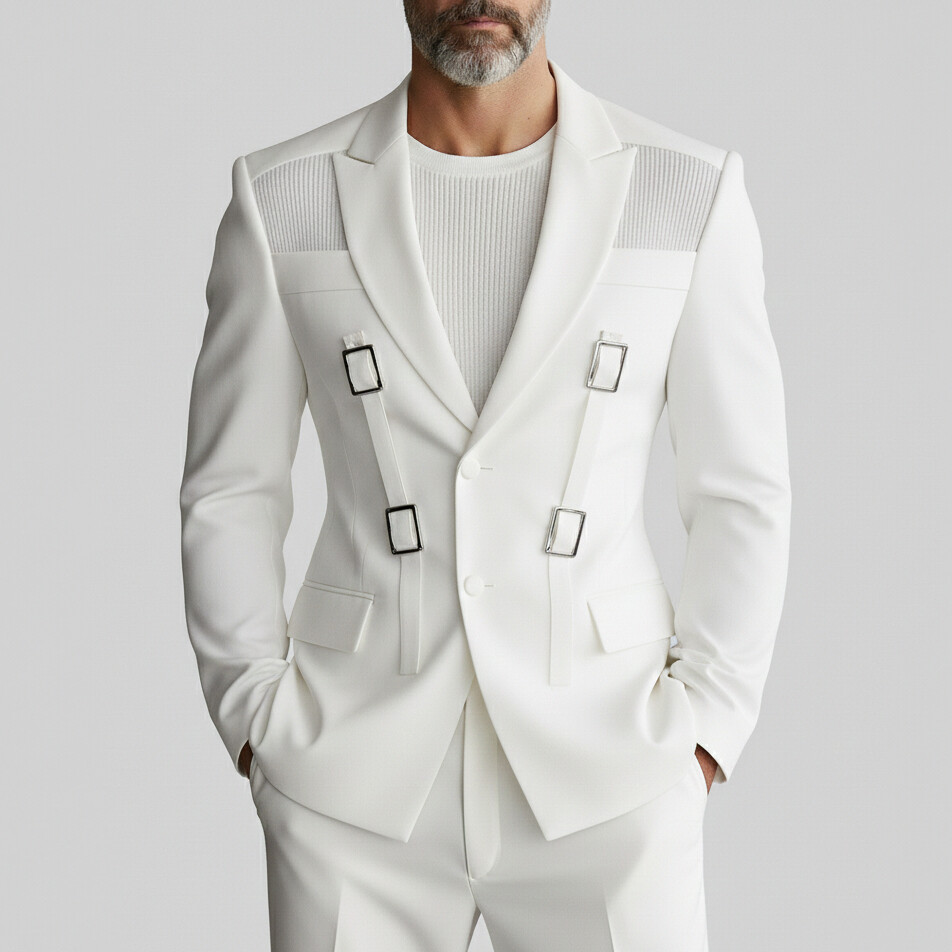 Men's Fashion Solid Cutout Peak Lapel Buckle Straps Single Breasted Long Sleeve Blazers