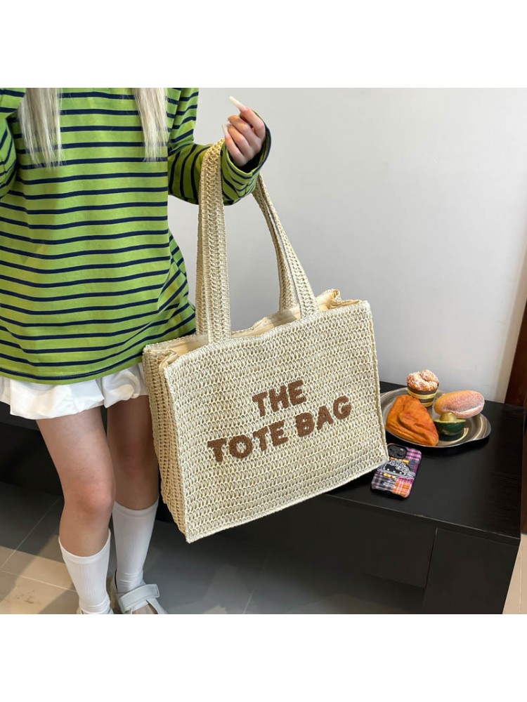 Letter Patch Woven Tote Bag
