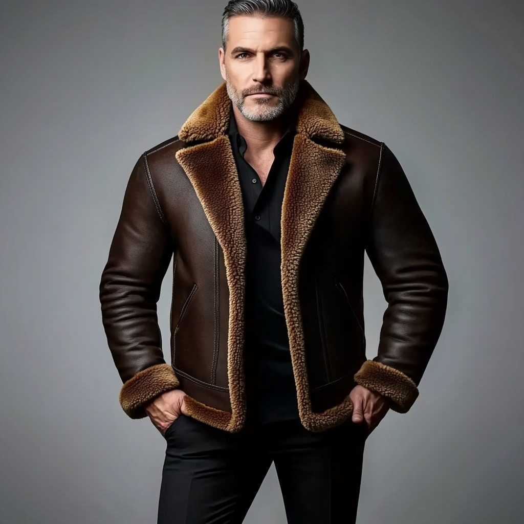 Men's Retro Lapel Long Sleeve PU Leather Fuzzy Coat