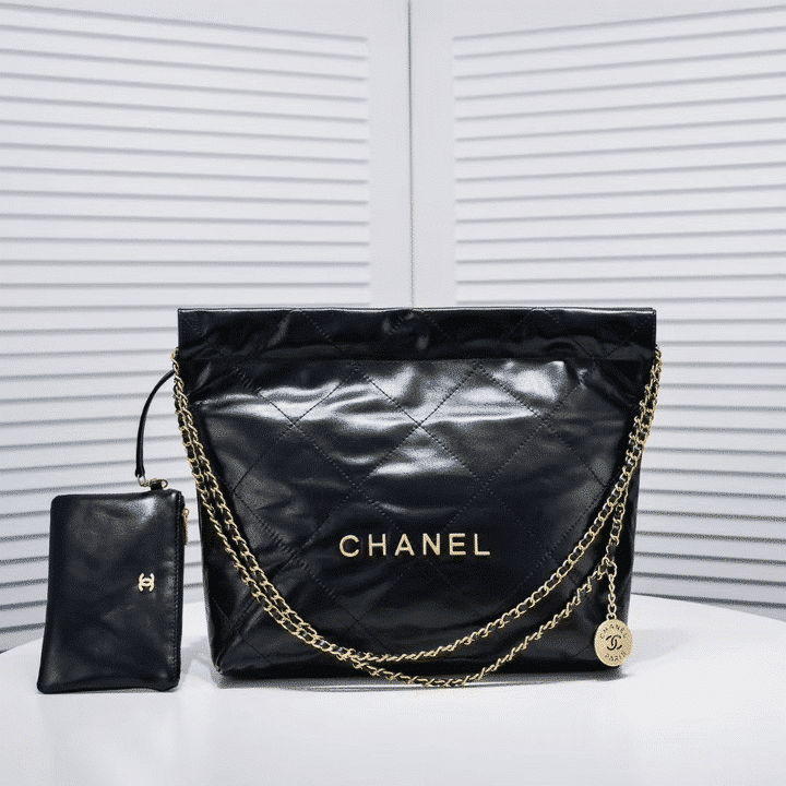 Chanel 22 Handbag Shiny And Gold Tone Metal Black 42Cm As3261 B19059 94305