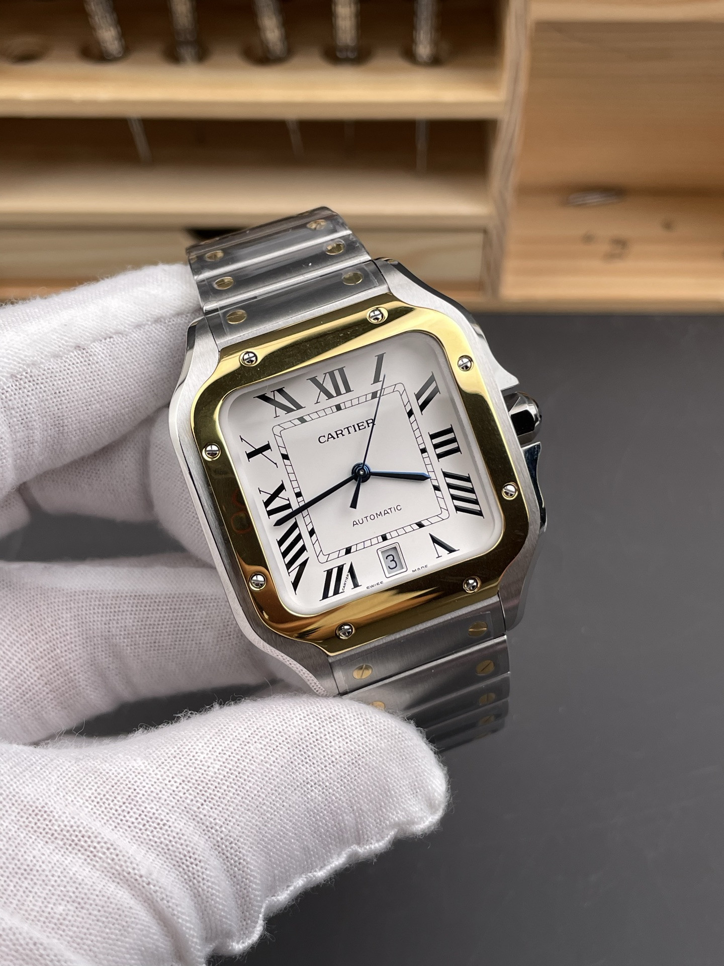 Santos Two-Tone White Dial Men Large Size
