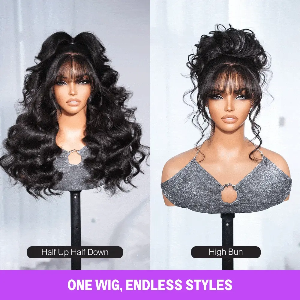 Megalook 5x5 Invisible Knots With Curtain Bang Loose Wave Natural Black Wig Pre-Cut Lace Beginner Friendly