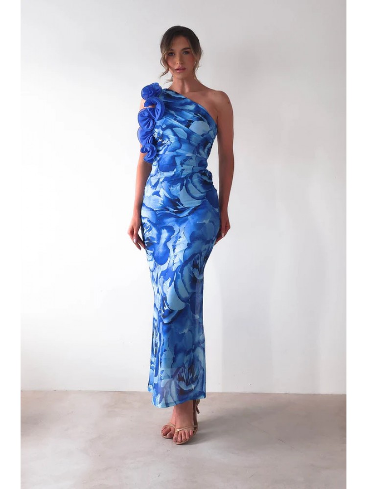 Flower Lacework One Shoulder Fitted Maxi Dress