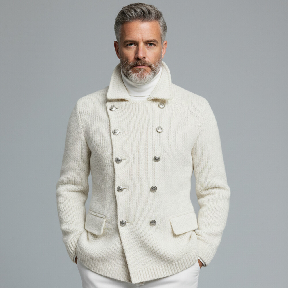 Men's White Ribbed Knit Double Breasted Turndown Collar Long Sleeve Sweater Cardigan