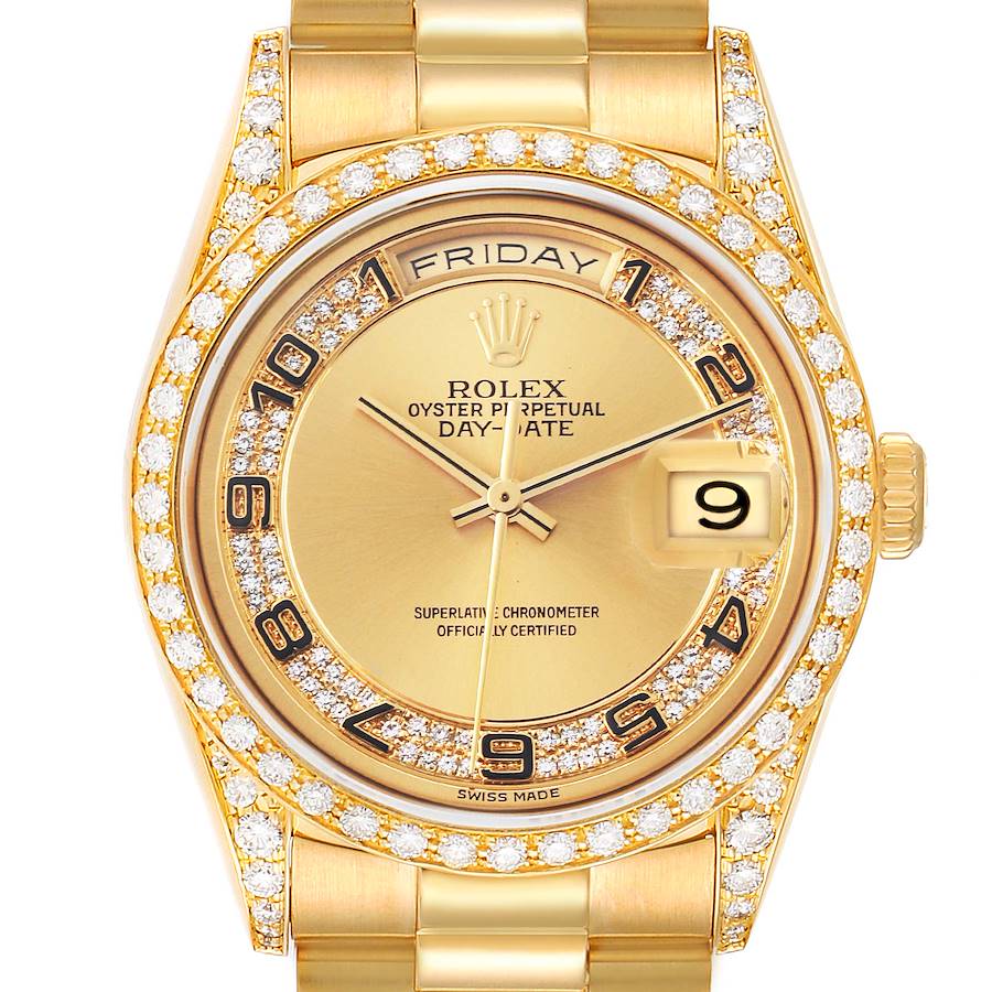 Rolex President Day-Date Yellow Gold Myriad Diamond Mens Watch 18388