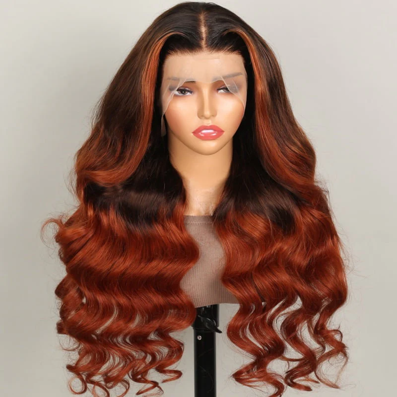 Megalook 13x4 Lace Frontal Black to Ginger Ombre Body Wave Invisible Knots Natural Edges