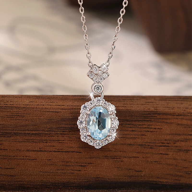 GemVibra Aquamarine Halo Pendant Necklace, S925 Silver with Rhinestone Accents