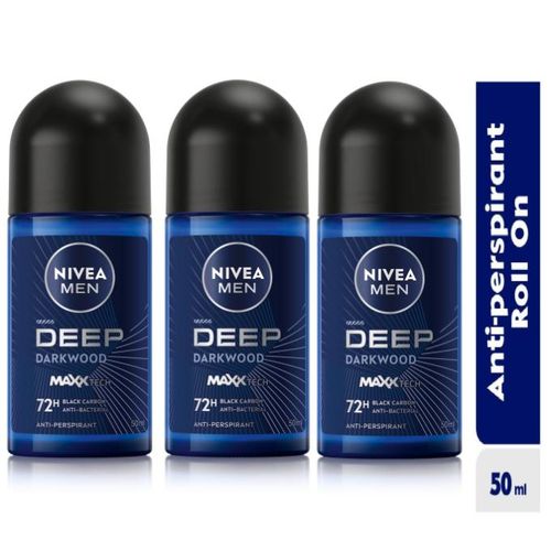 NIVEA MEN Deep Anti-Perspirant Roll-on For Men, 72h - 50ml (Pack of 3)