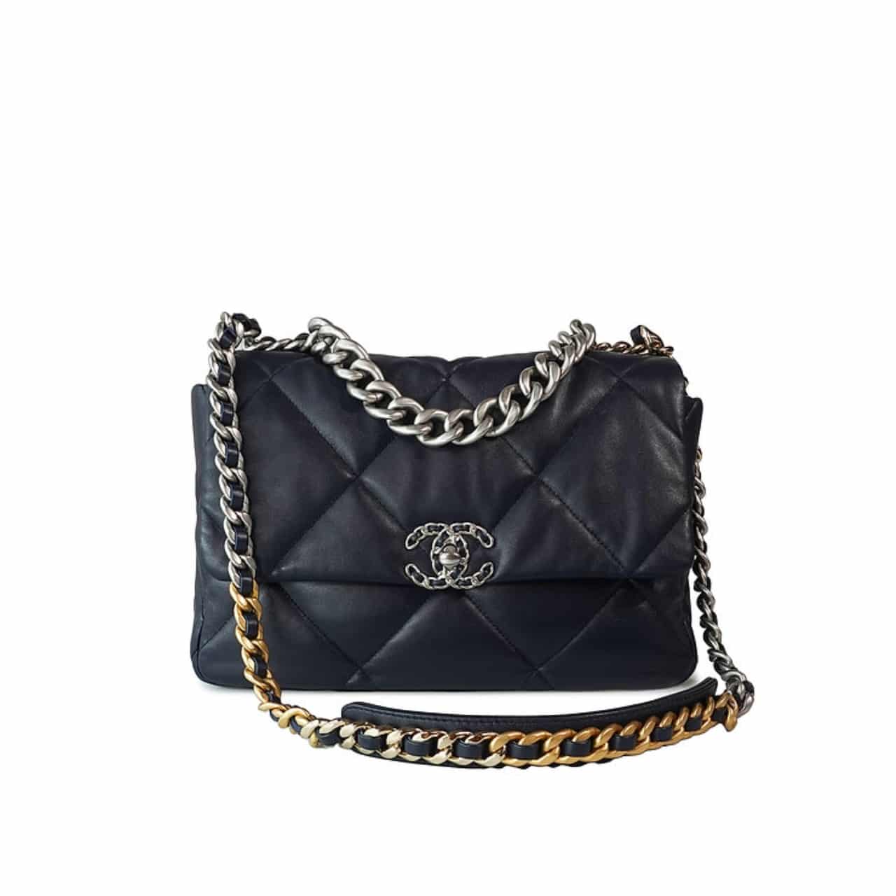 Chanel 19 Series Classic Double C Logo Silver Turn Buckle Black 31cm