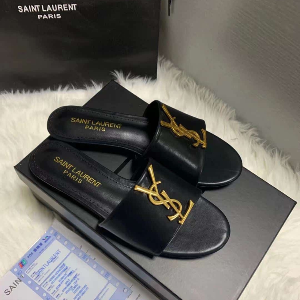 Saint Laurent Logo Slippers Black