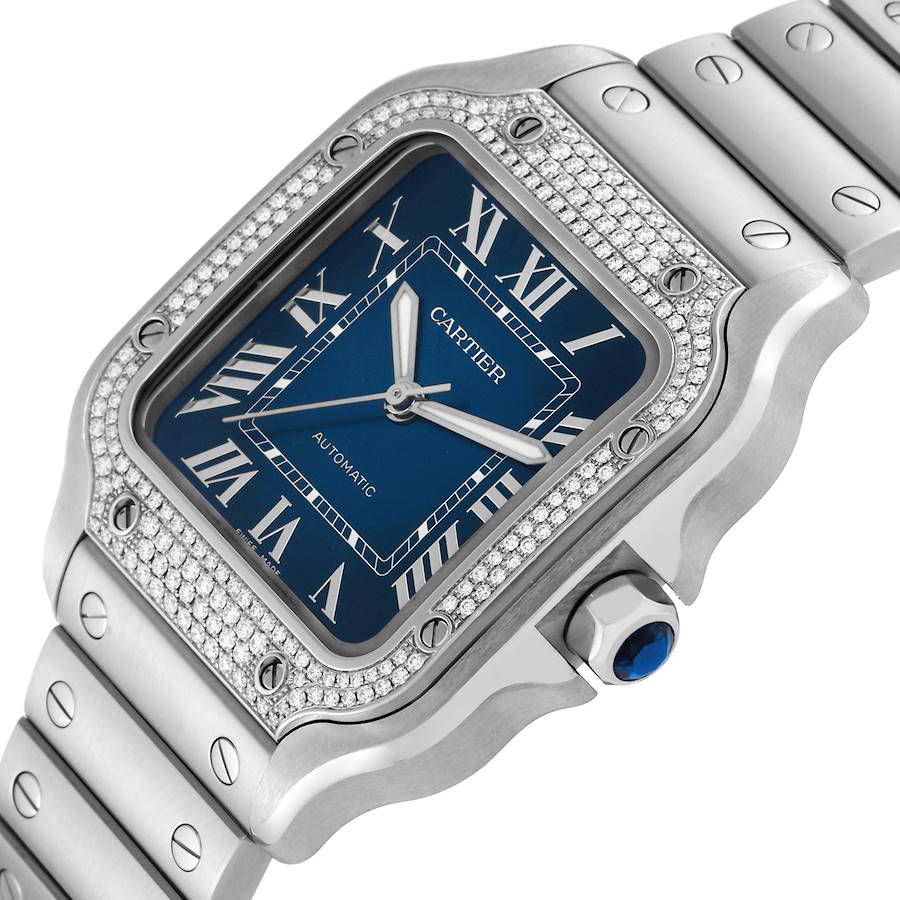 Cartier Santos Blue Dial Diamond Steel Mens Watch W4SA0006