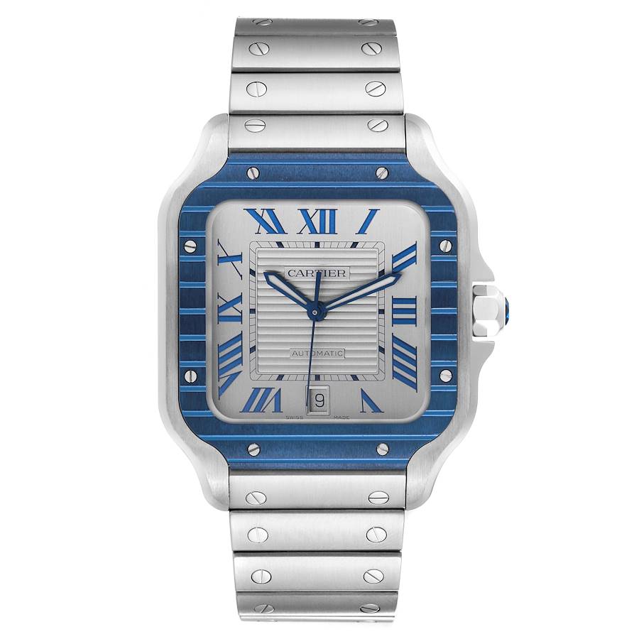 Cartier Santos Large Steel PVD Bezel Silver Dial Mens Watch WSSA0047