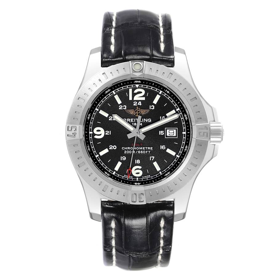 Breitling Colt Black Dial Leather Strap Steel Mens Watch A74388