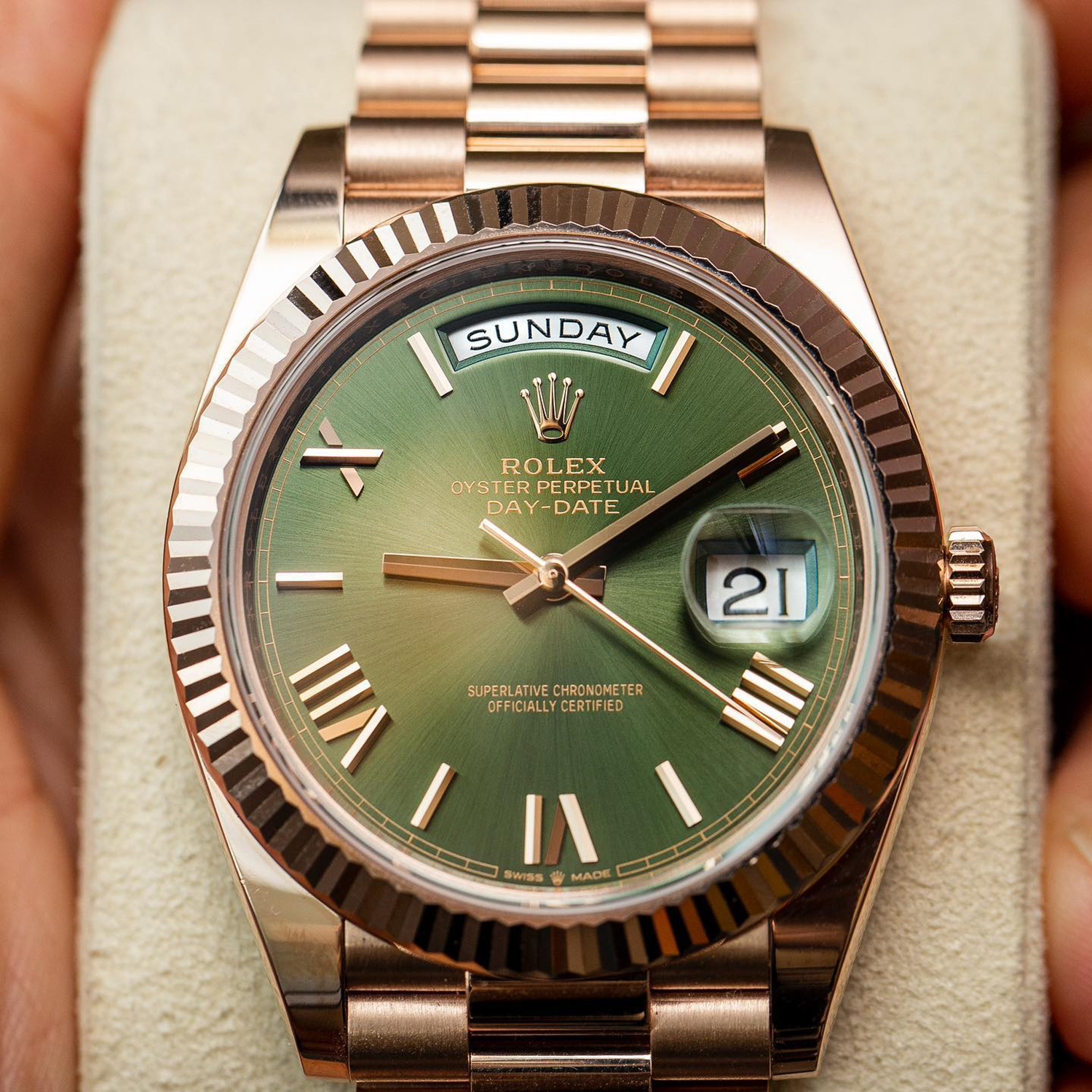 Rolex Day-Date President 40mm Olive Green Dial 18ct Everose Gold 228235-0025 Unworn