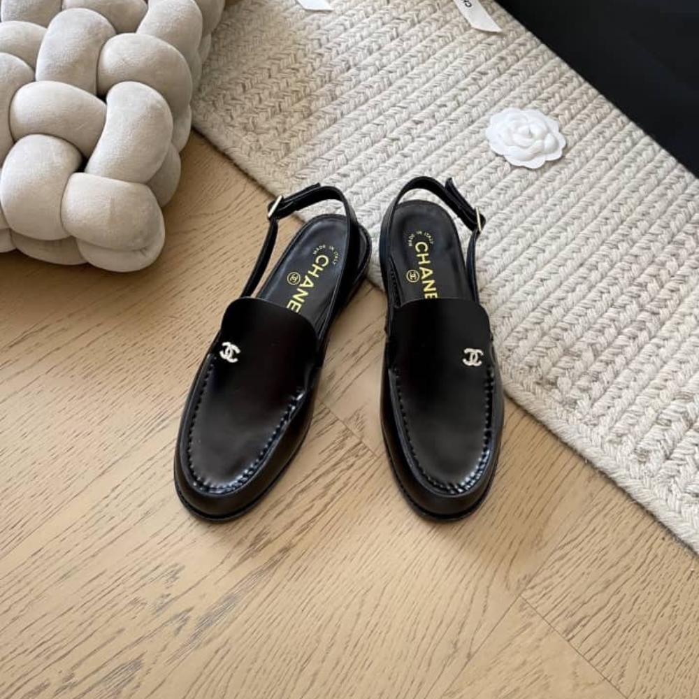 Chanel Interlocking Cc Logo Slingback Flats Black