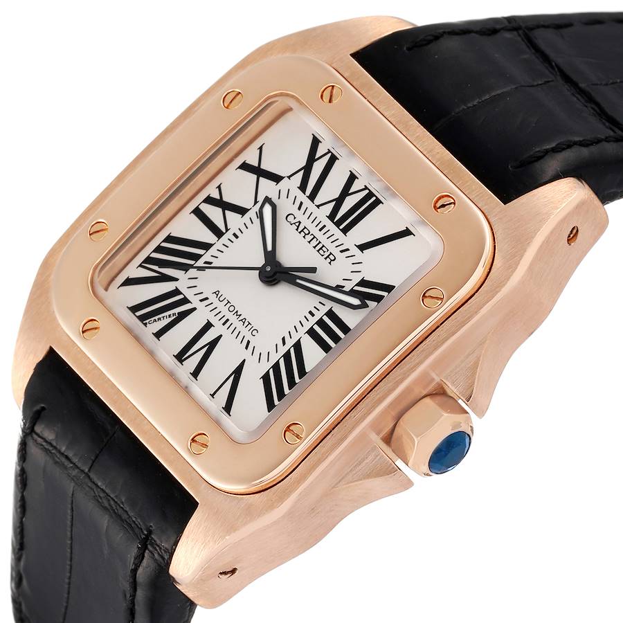 Cartier Santos 100 Midsize Rose Gold Silver Dial Mens Watch W20108Y1