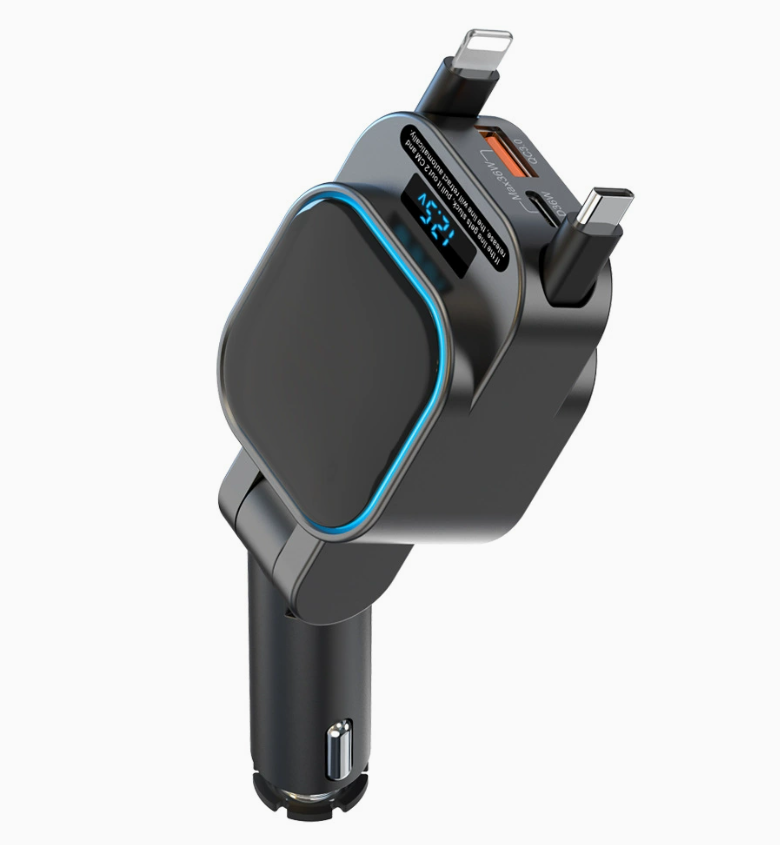 Retractable Car Charger with Dual Charging Cables