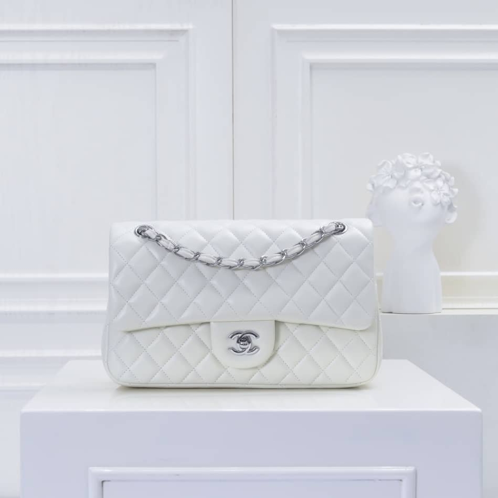 Chanel Classic Double Flap Bag White Silver Hardware 25cm