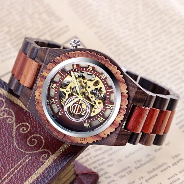 Men's Wooden Watch Triangle Skeleton Automatic Watch Mechanical Wood Watches for Men red&black
