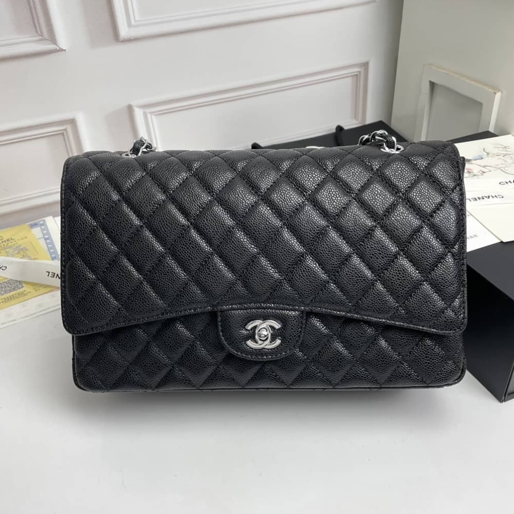 Chanel Maxi Classic Handbag Sliver Hardware Black 33Cm